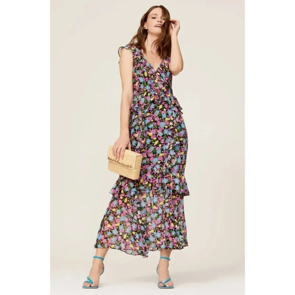 Amur EVITA Multicolor Floral Silk Chiffon Ruffle Maxi Dress Size 16
